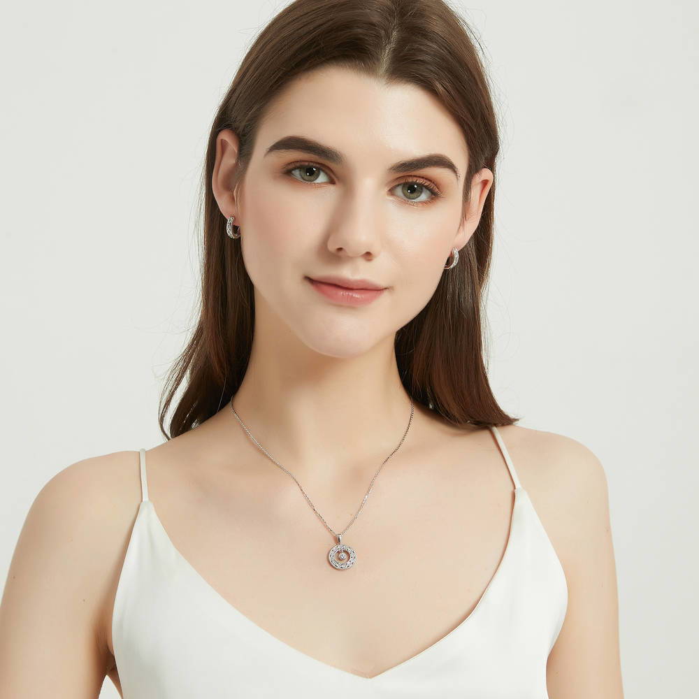 Open Circle Woven CZ Necklace and Hoop Earrings Set in Sterling Silver