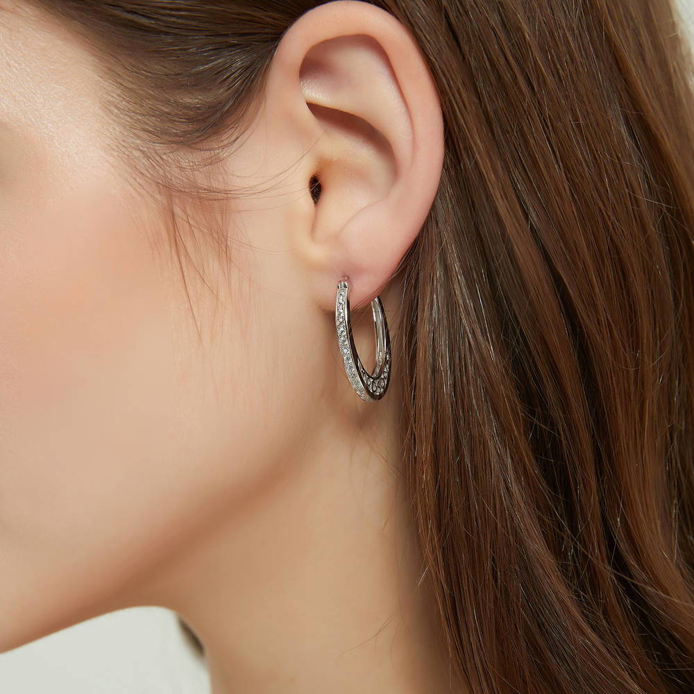 Model wearing Oval Bar Filigree CZ Small Hoop Earrings in Sterling Silver 1 inch, 2 of 4