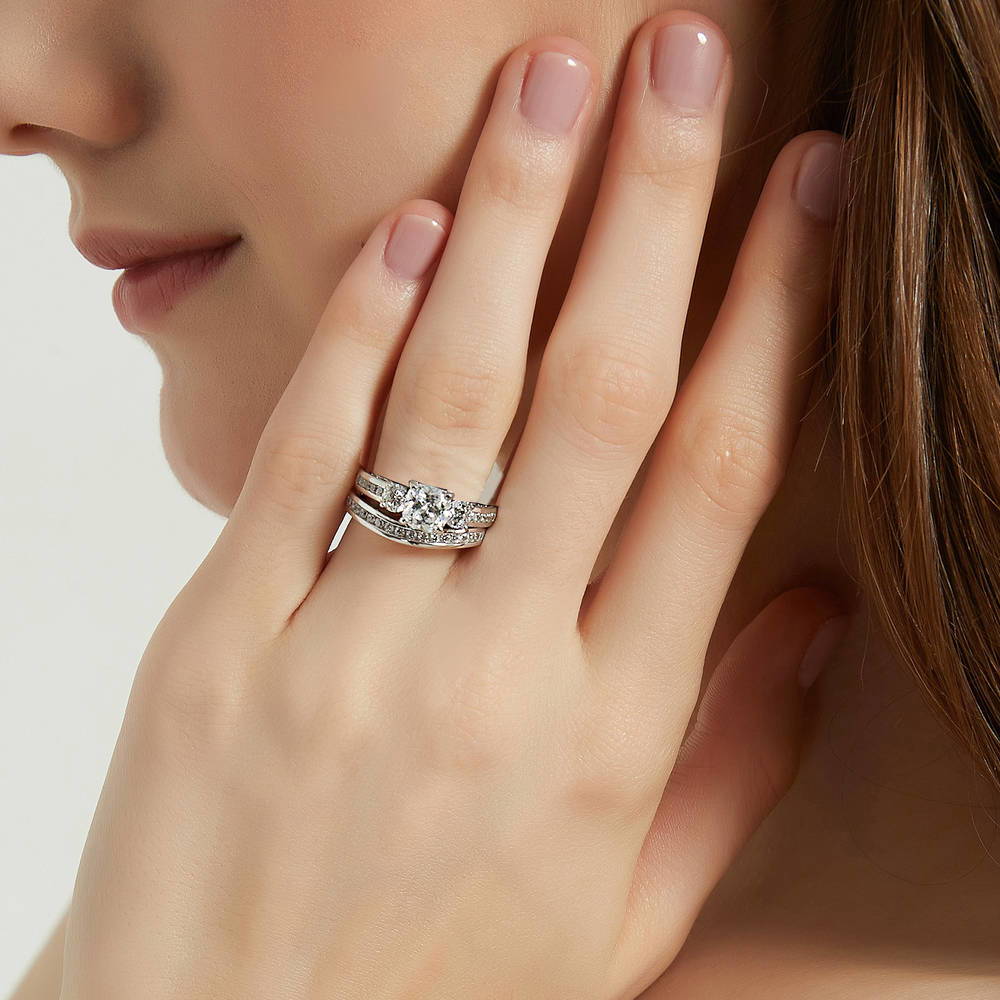 Model wearing 3-Stone 1.5ct Cushion CZ Ring Set in Sterling Silver, 2 of 17