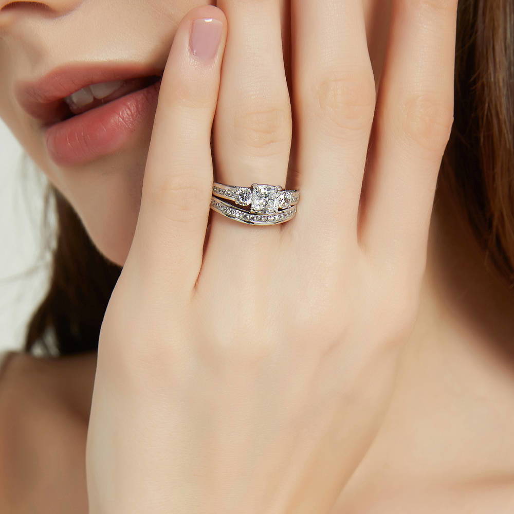 Model wearing 3-Stone 1.5ct Cushion CZ Ring Set in Sterling Silver, 3 of 17