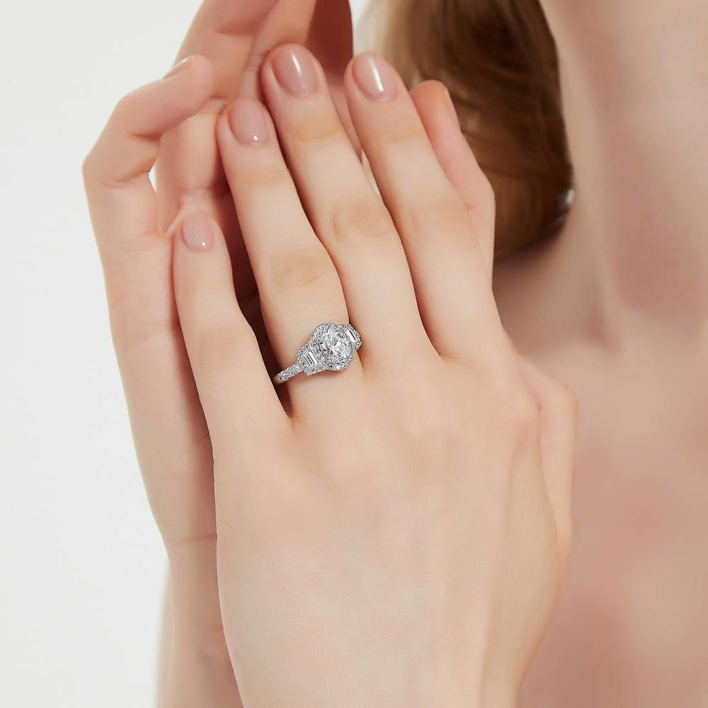 3-Stone Halo Art Deco 1.2ct Oval CZ Ring in Sterling Silver