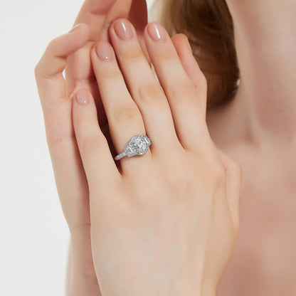 3-Stone Halo Art Deco 1.2ct Oval CZ Ring in Sterling Silver
