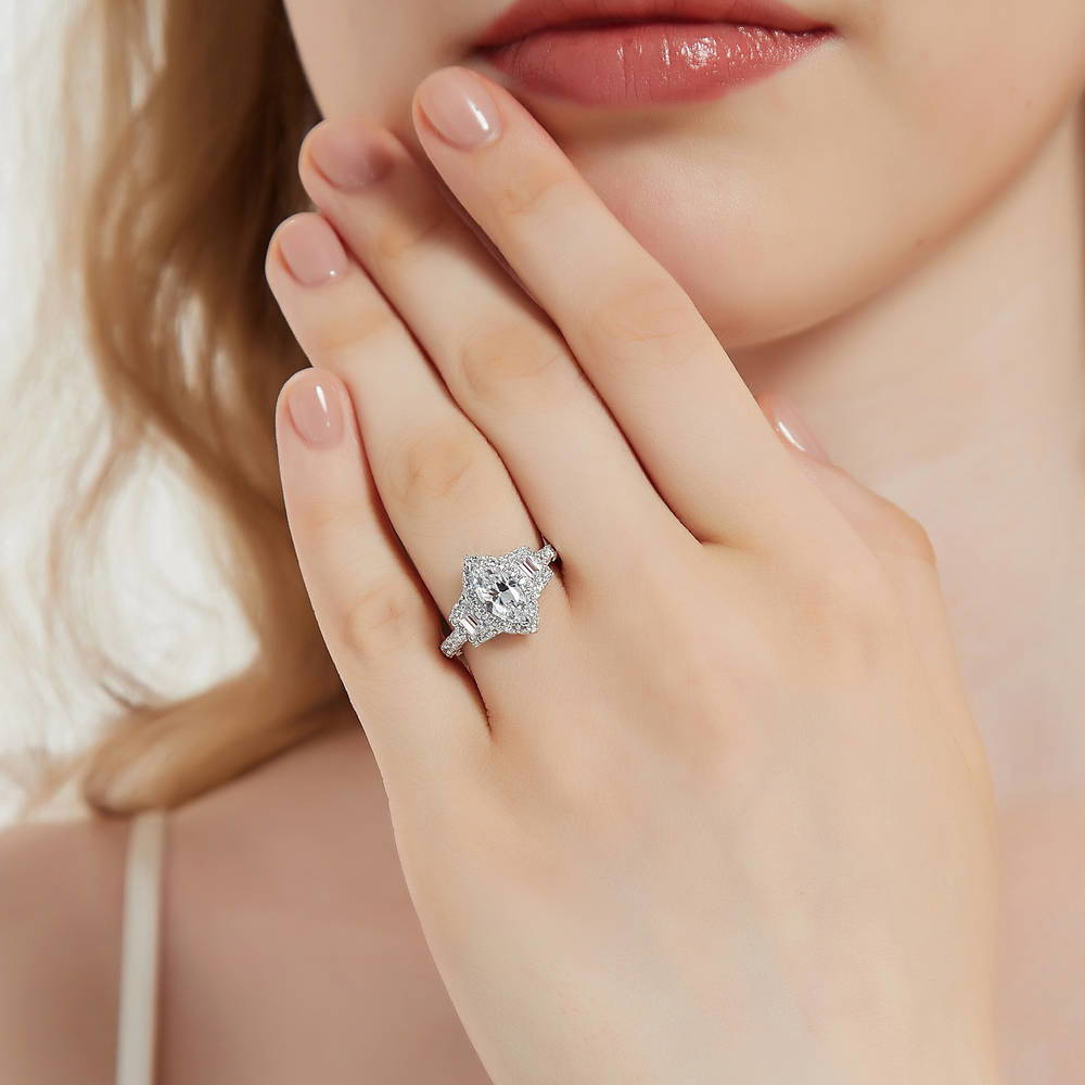 3-Stone Halo Art Deco 1ct Marquise CZ Ring in Sterling Silver