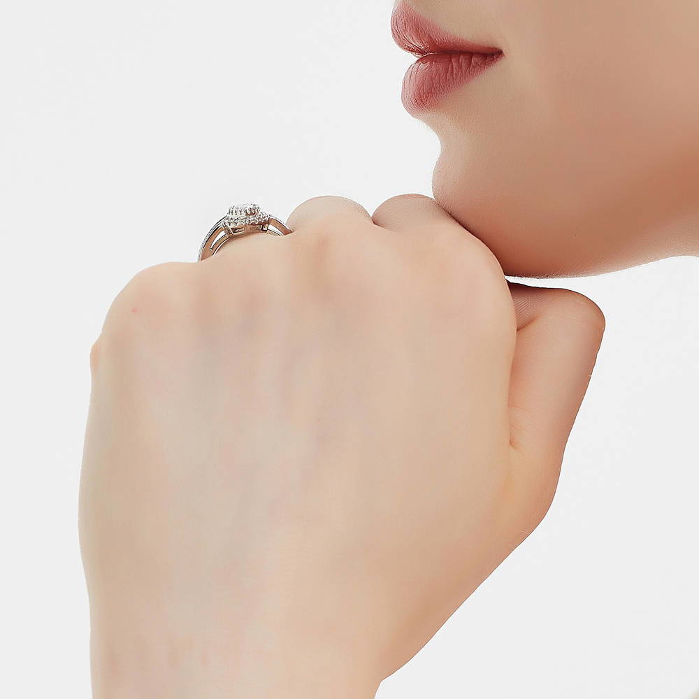 Model wearing Halo Milgrain Marquise CZ Ring in Sterling Silver, 7 of 8