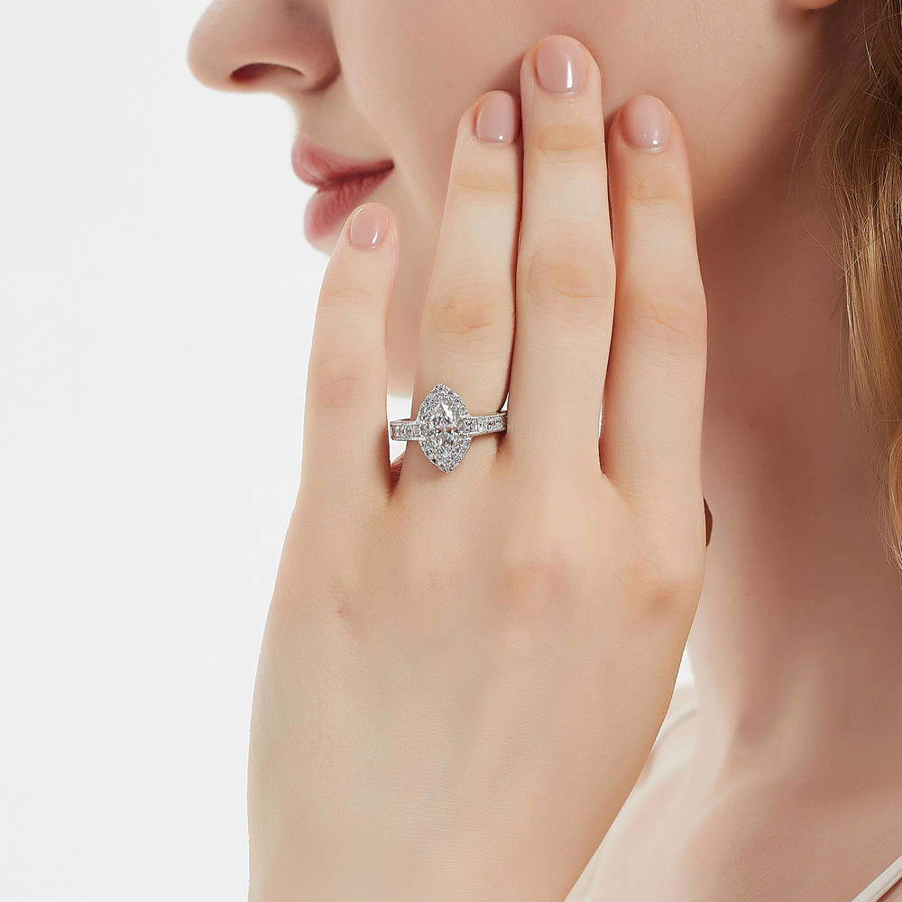 Model wearing Halo Milgrain Marquise CZ Ring in Sterling Silver, 2 of 8