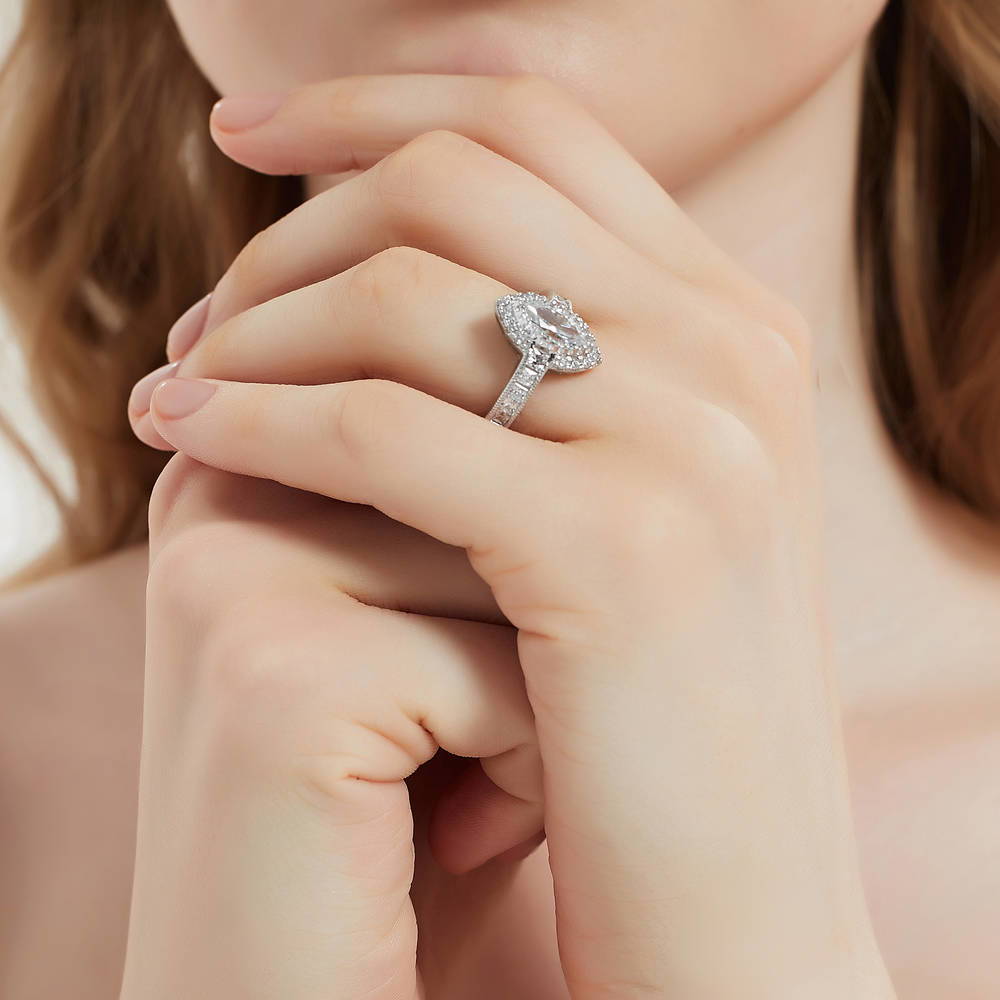 Model wearing Halo Milgrain Marquise CZ Ring in Sterling Silver, 6 of 8