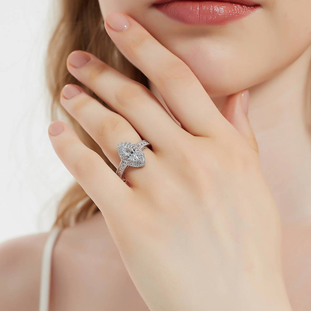 Model wearing Halo Milgrain Marquise CZ Ring in Sterling Silver, 3 of 8