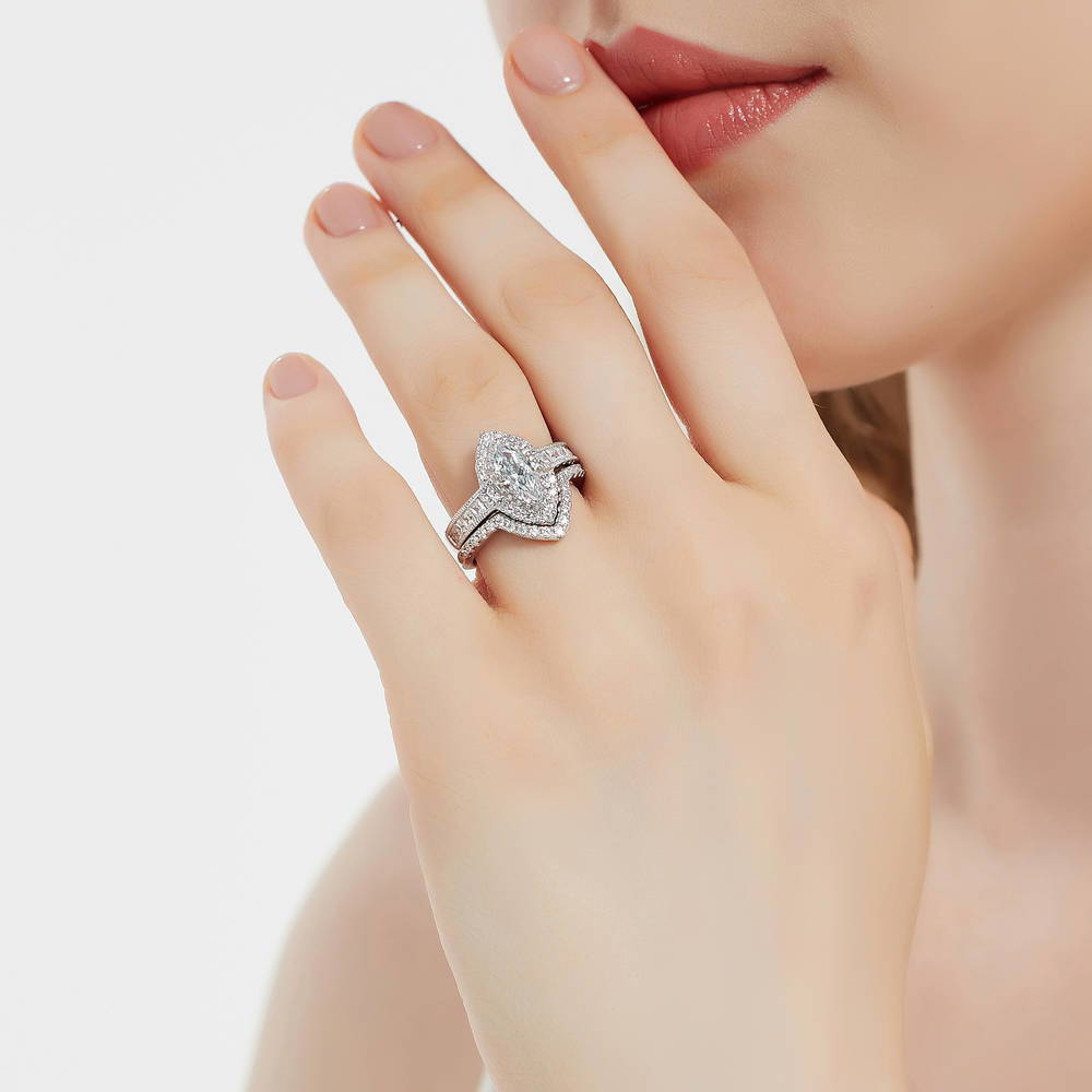 Halo Milgrain Marquise CZ Ring in Sterling Silver
