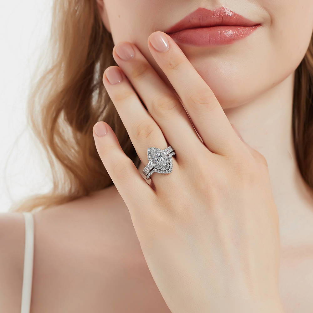 Model wearing Halo Milgrain Marquise CZ Ring in Sterling Silver, 9 of 16