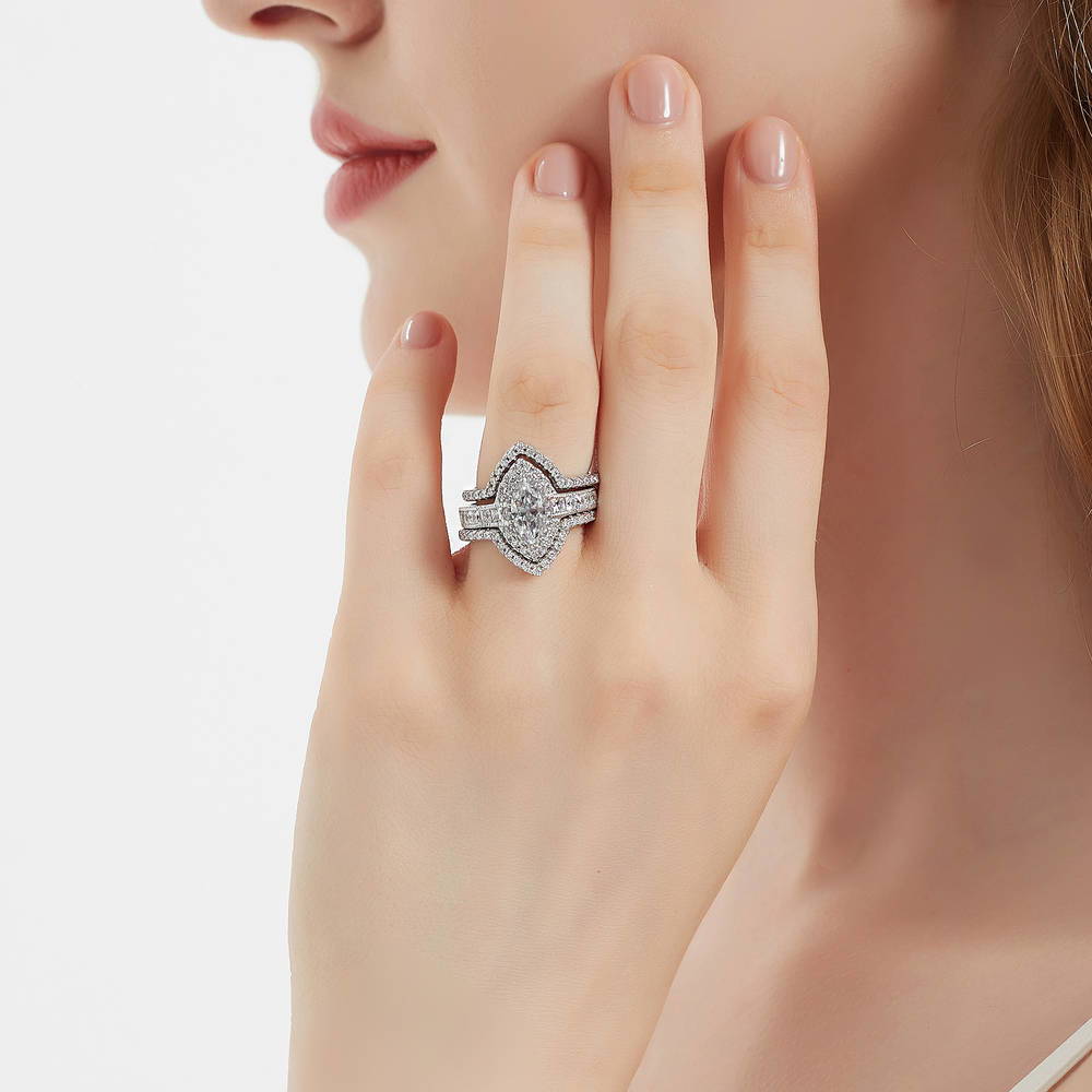 Halo Milgrain Marquise CZ Ring Set in Sterling Silver
