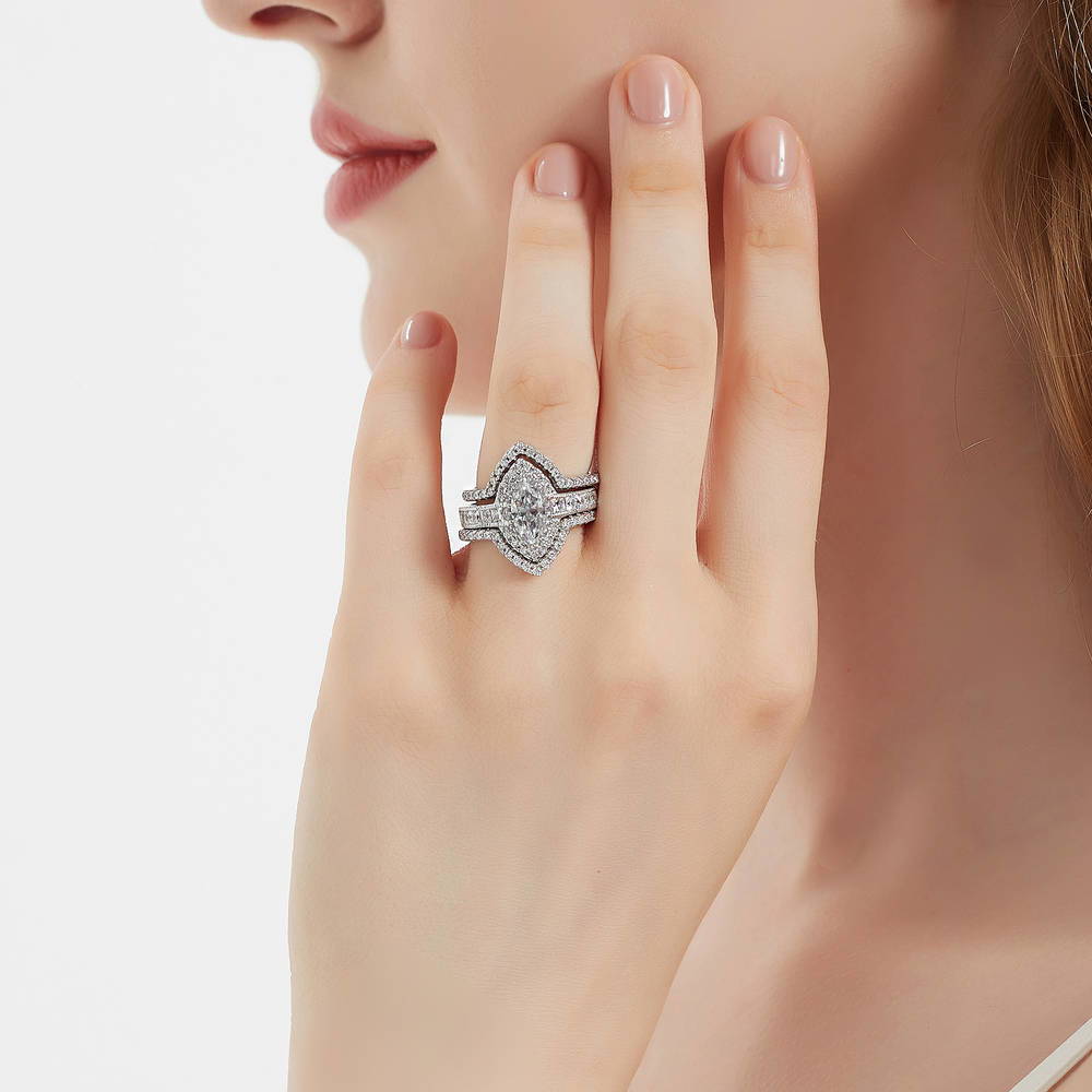 Model wearing Halo Milgrain Marquise CZ Ring in Sterling Silver, 14 of 16