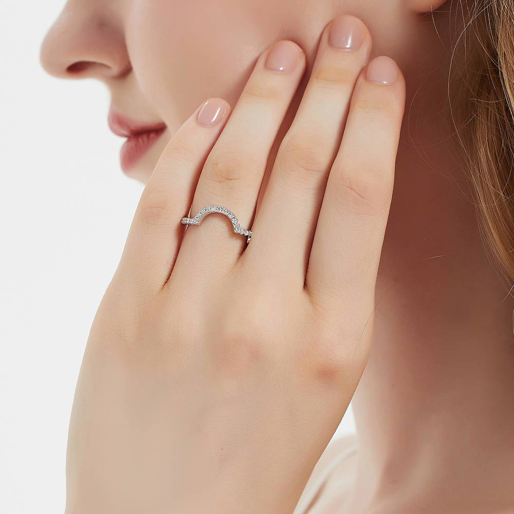 Model wearing Dome CZ Curved Half Eternity Ring in Sterling Silver, 3 of 8