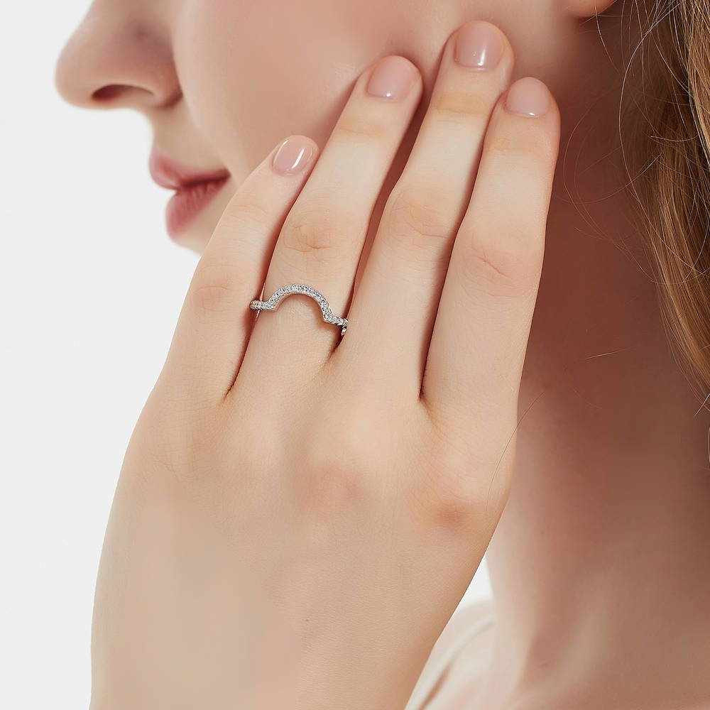 Model wearing Dome Halo CZ Ring Set in Sterling Silver, 14 of 16