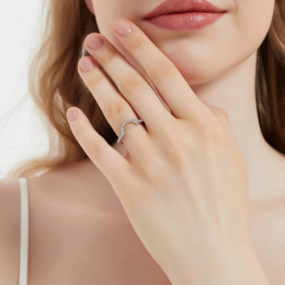 Model wearing Dome CZ Curved Half Eternity Ring in Sterling Silver, 2 of 8