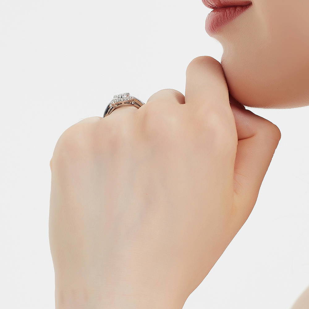 Model wearing Halo Milgrain Pear CZ Ring in Sterling Silver, 16 of 18