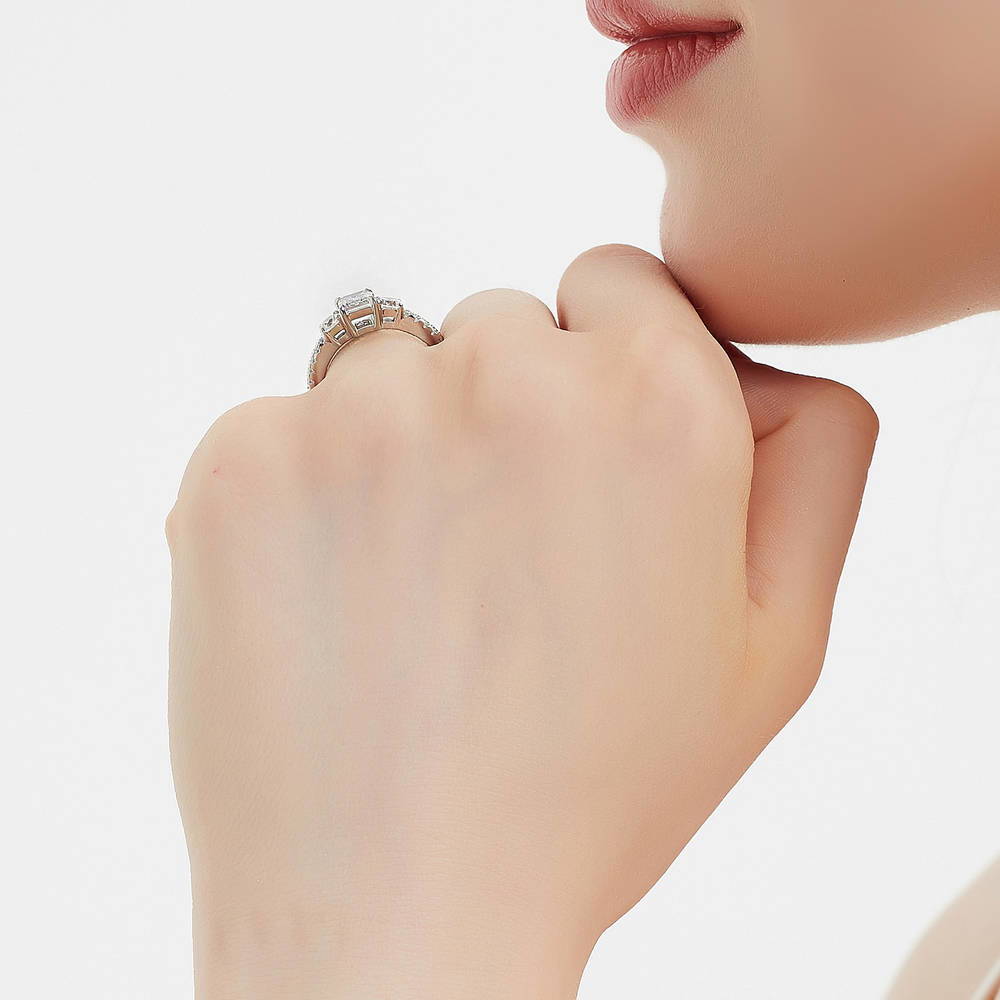 3-Stone 1ct Emerald Cut CZ Ring in Sterling Silver