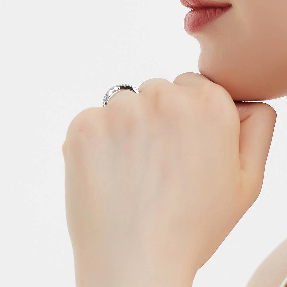 Model wearing 3-Stone Oval CZ Ring Set in Sterling Silver, 16 of 16