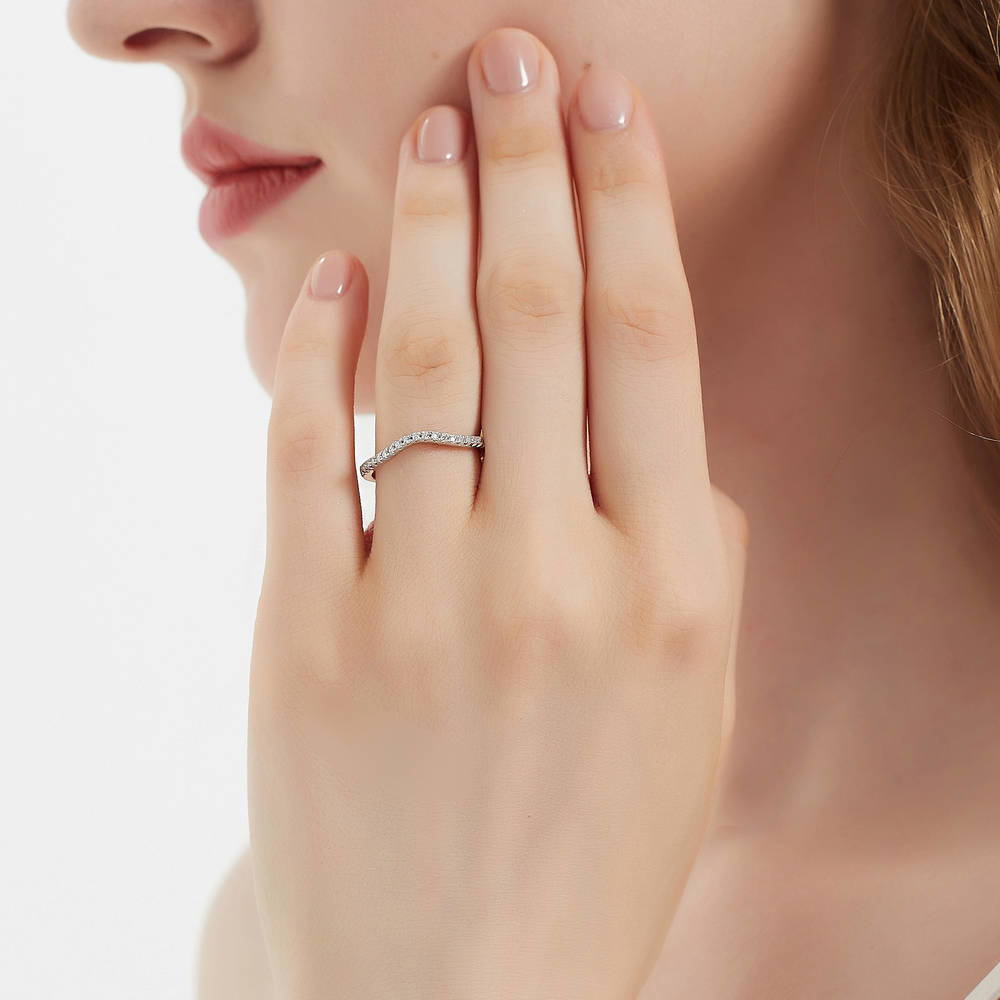 Model wearing 3-Stone Emerald Cut CZ Ring Set in Sterling Silver, 13 of 16