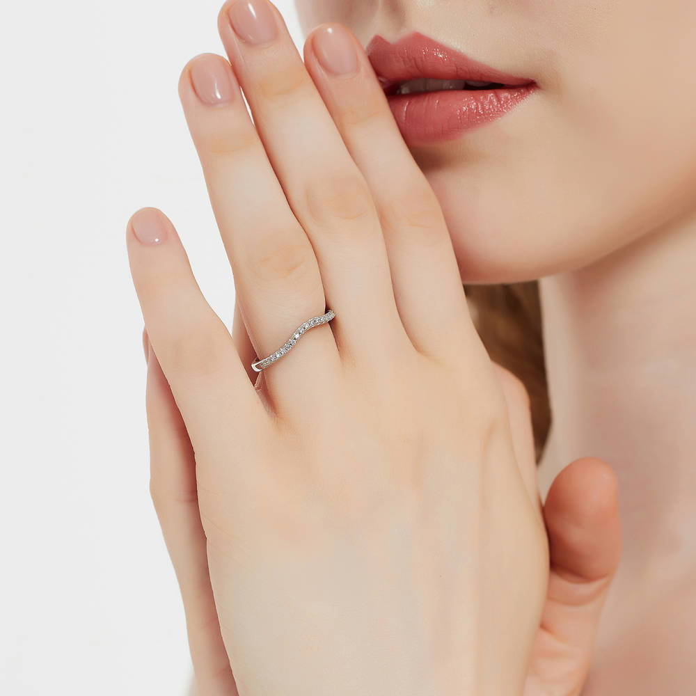 Model wearing 3-Stone Oval CZ Ring Set in Sterling Silver, 14 of 16