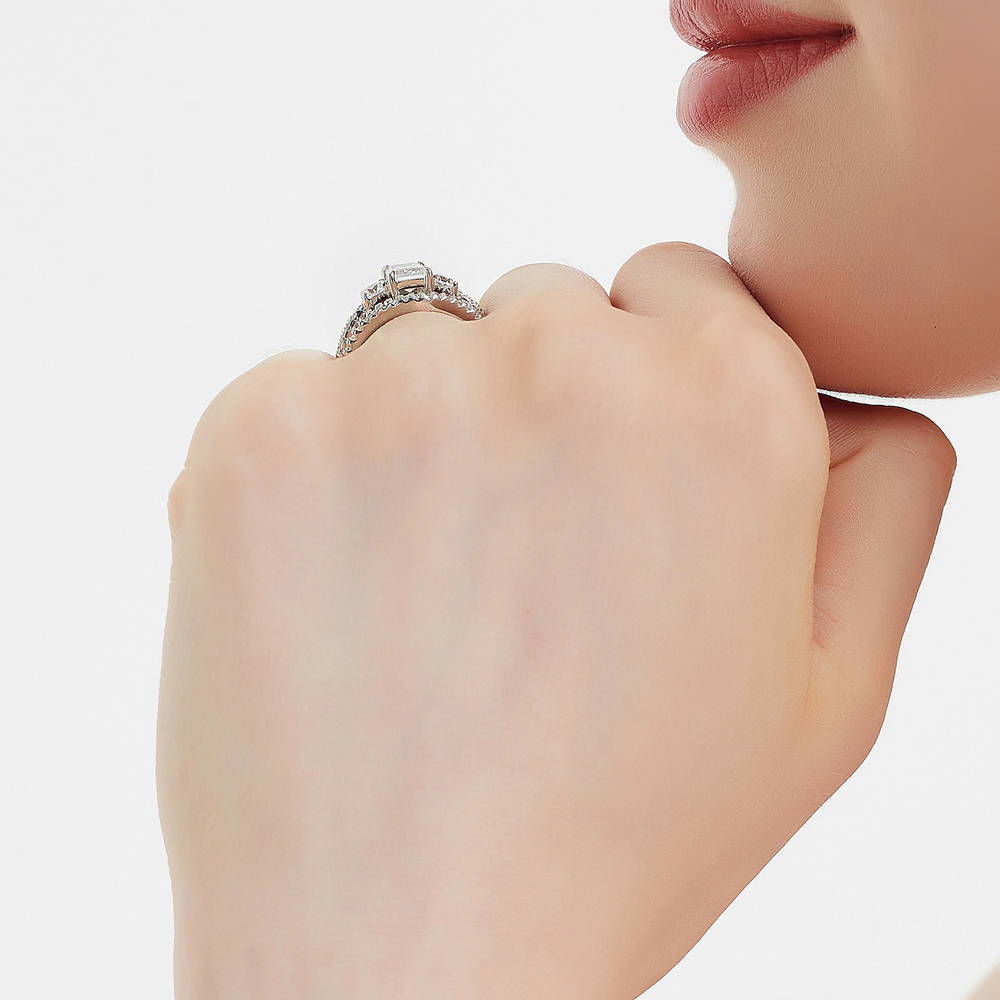 Model wearing 3-Stone 1ct Emerald Cut CZ Ring in Sterling Silver, 16 of 16