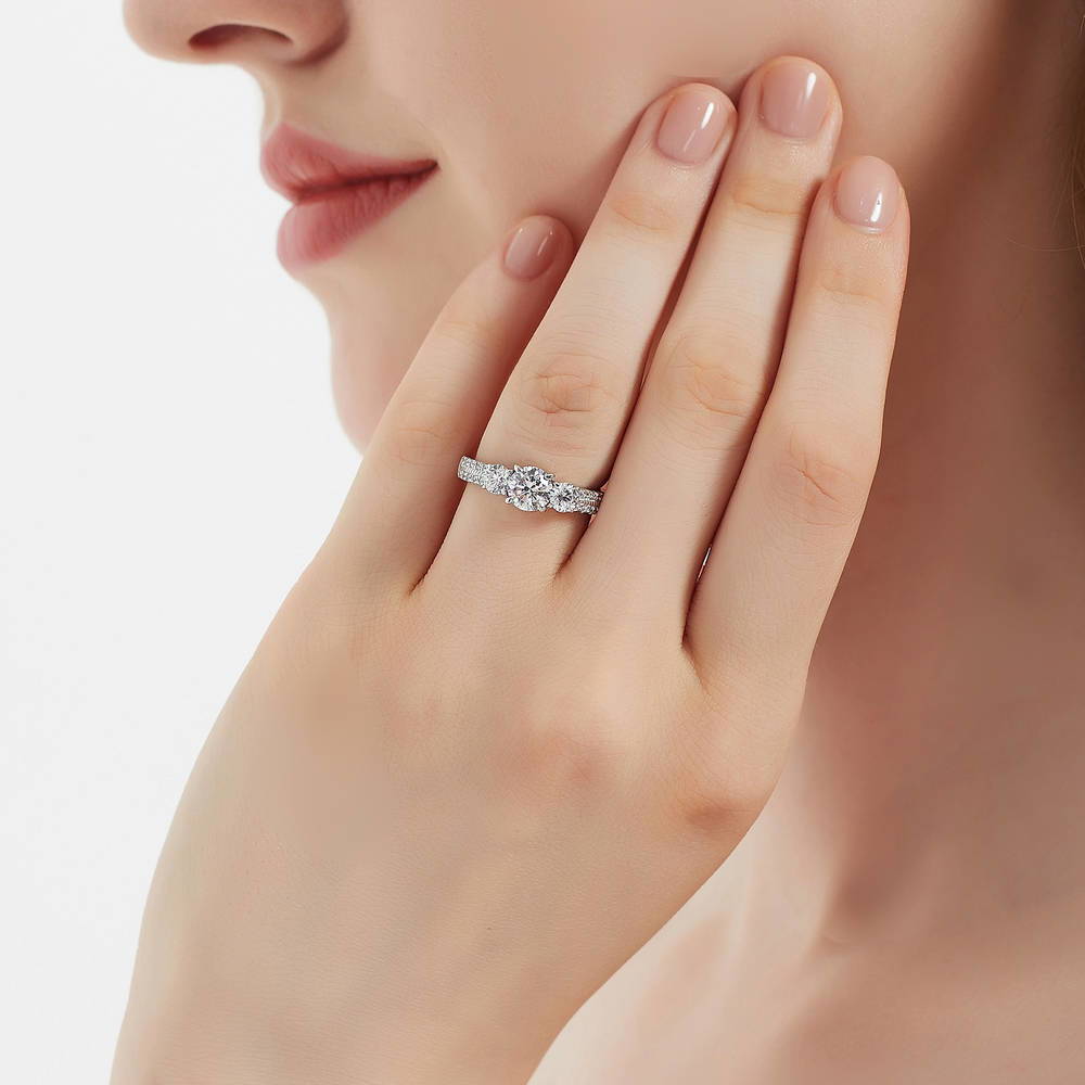 Model wearing 3-Stone Round CZ Ring Set in Sterling Silver, 9 of 16