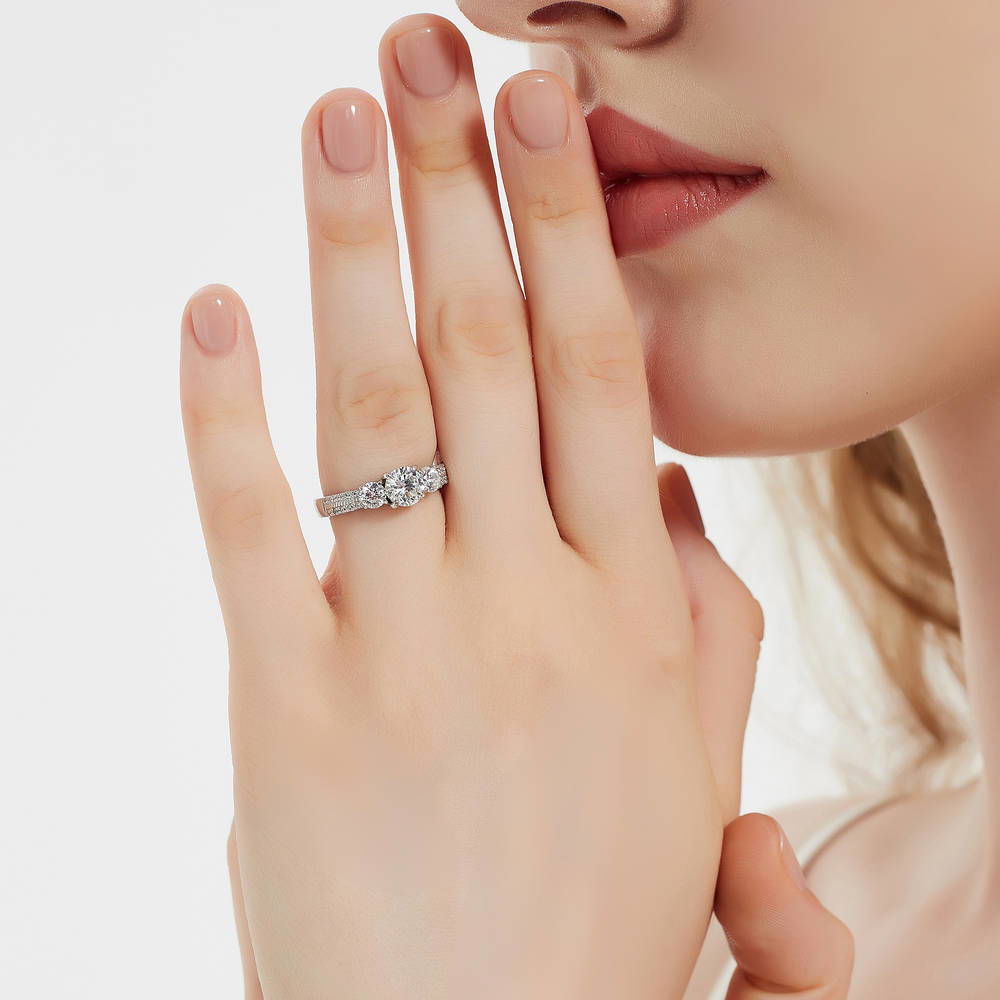 Model wearing 3-Stone Round CZ Ring Set in Sterling Silver, 10 of 16