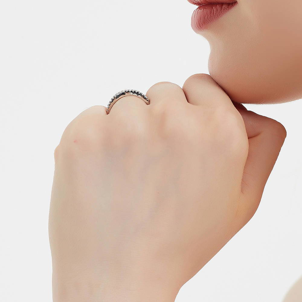 Model wearing CZ Curved Half Eternity Ring in Sterling Silver, 7 of 8