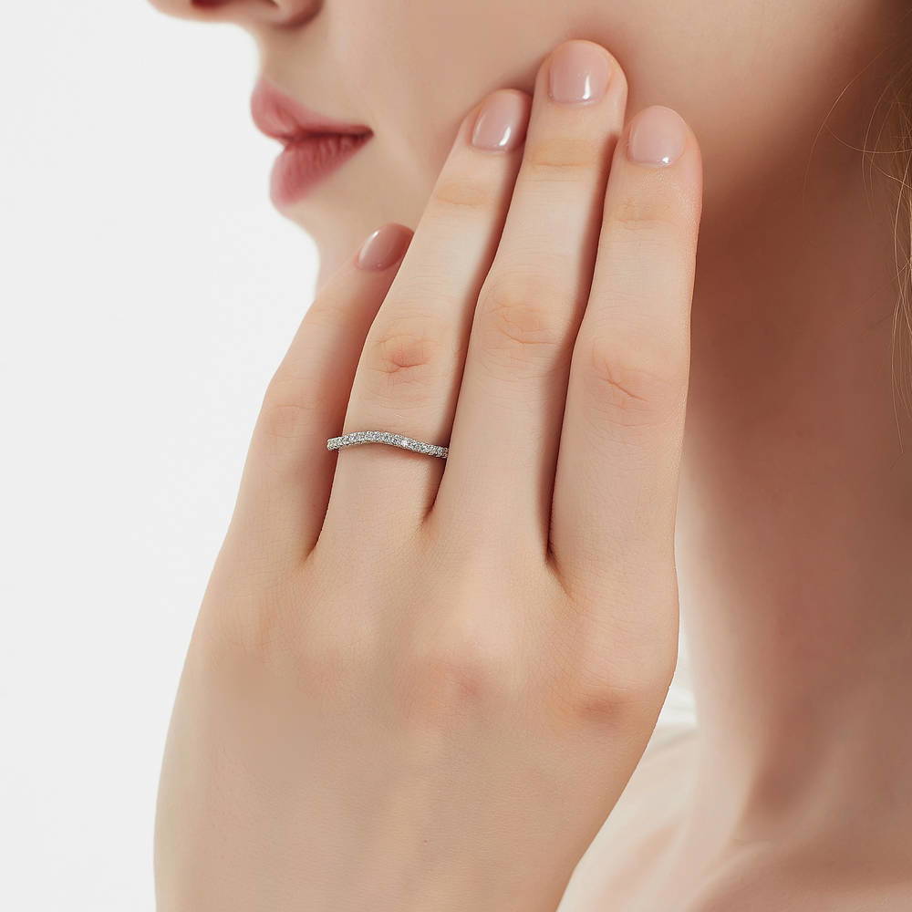 Model wearing CZ Curved Half Eternity Ring in Sterling Silver, 2 of 8