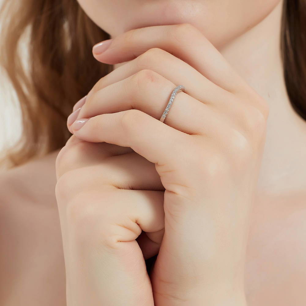 Model wearing 3-Stone Round CZ Ring Set in Sterling Silver, 15 of 16