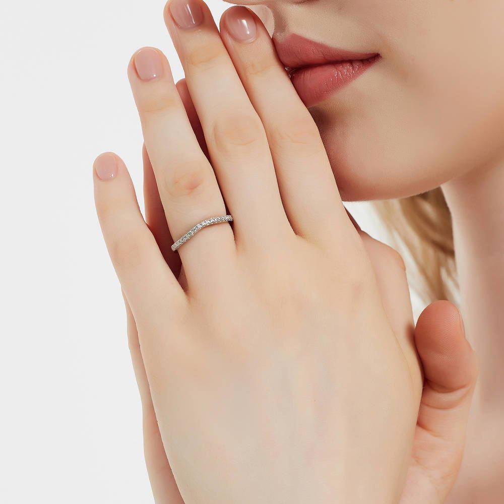 Model wearing CZ Curved Half Eternity Ring in Sterling Silver, 3 of 8