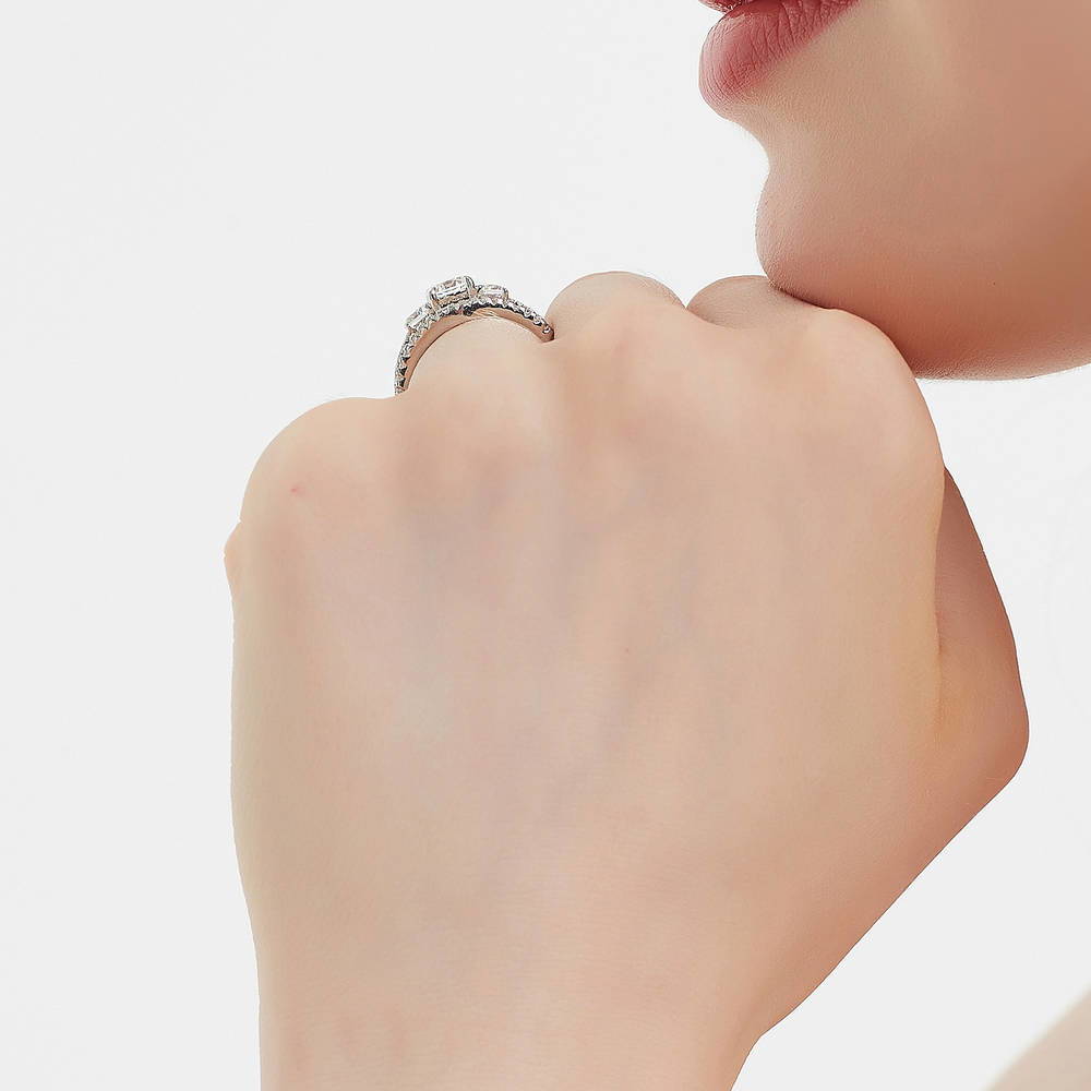 Model wearing 3-Stone Round CZ Ring Set in Sterling Silver, 7 of 16