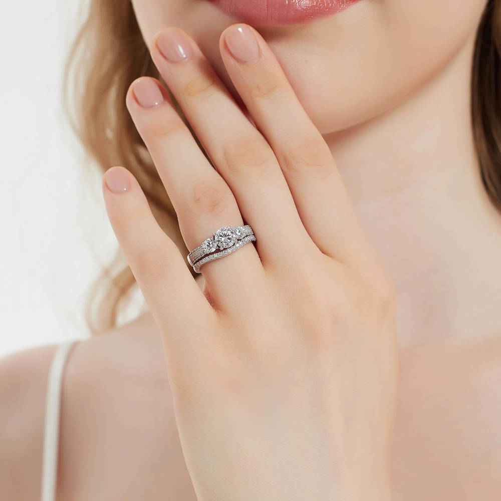 Model wearing 3-Stone Round CZ Ring Set in Sterling Silver, 2 of 16