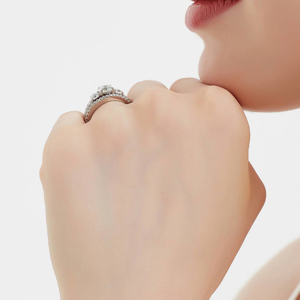 Model wearing 3-Stone Round CZ Ring Set in Sterling Silver, 7 of 16