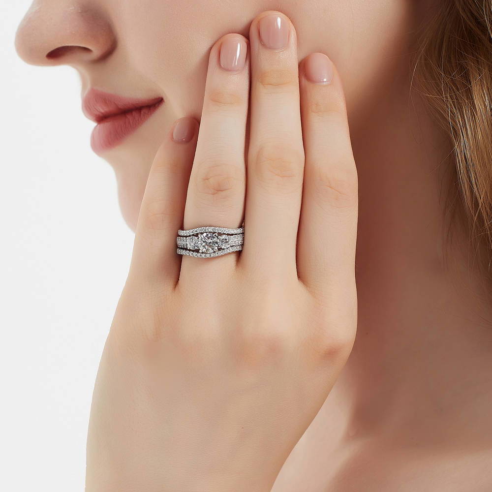 Model wearing 3-Stone Round CZ Ring Set in Sterling Silver, 3 of 16