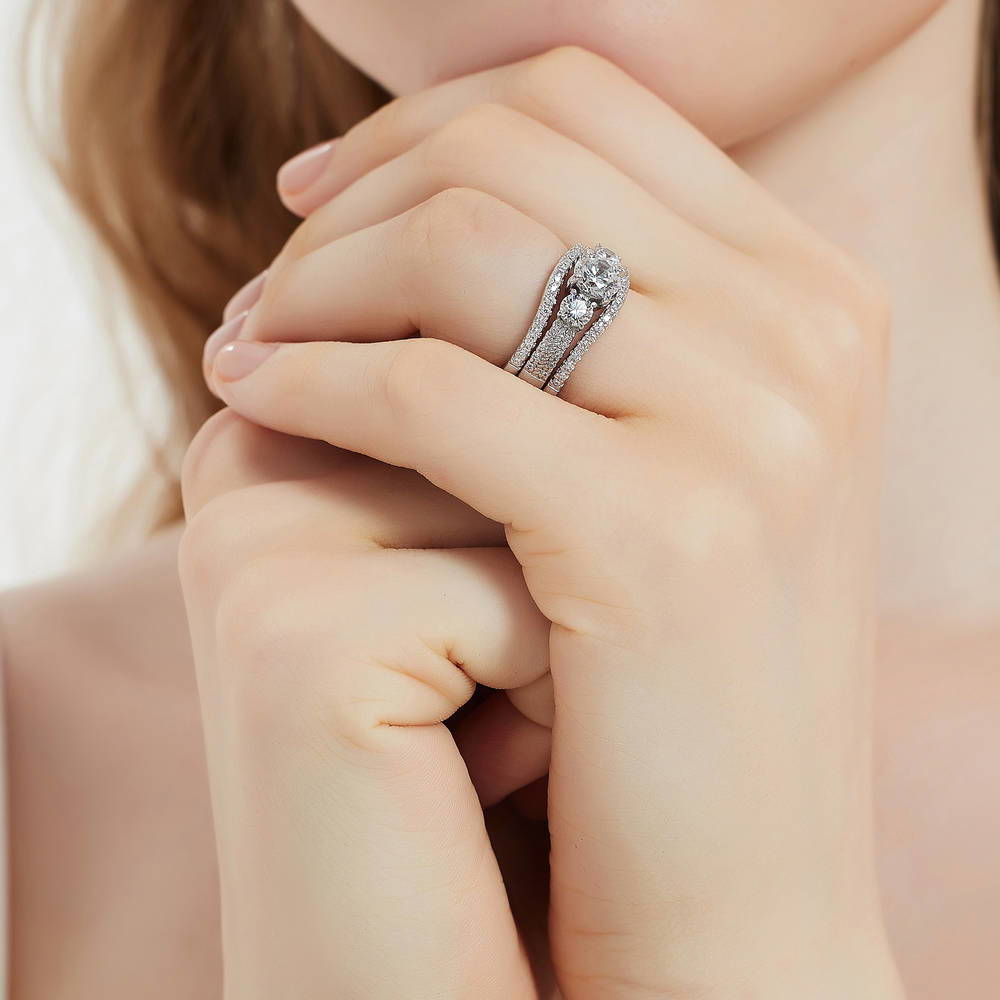Model wearing 3-Stone Round CZ Ring Set in Sterling Silver, 6 of 16