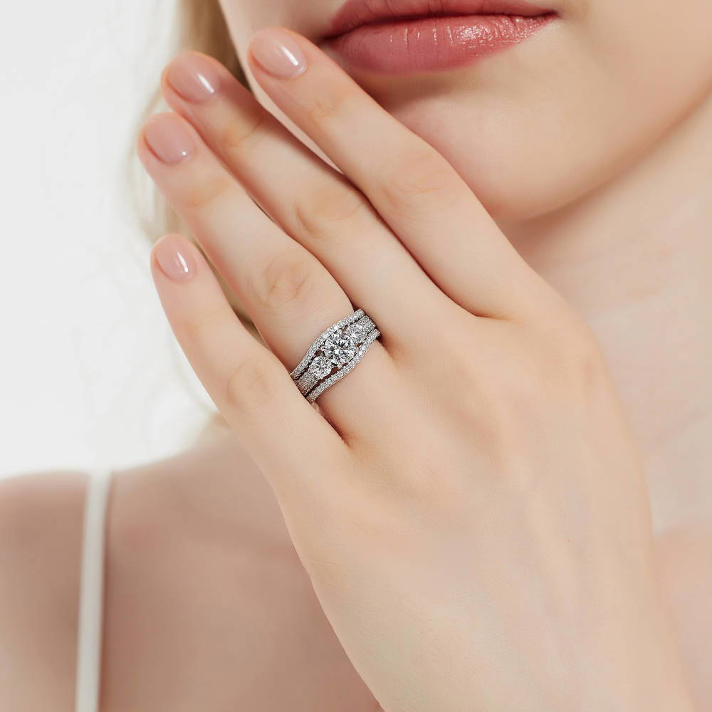 Model wearing 3-Stone Round CZ Ring Set in Sterling Silver, 2 of 16