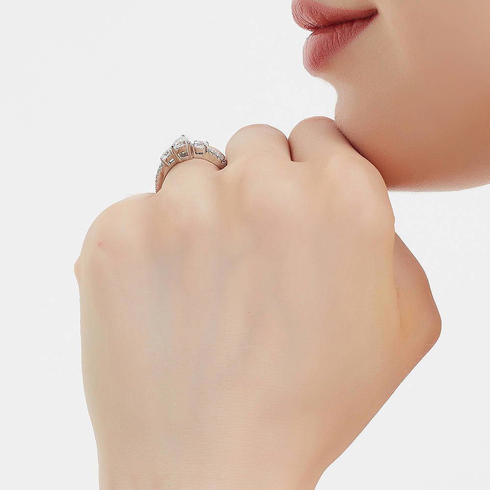 Model wearing 3-Stone Pear CZ Ring Set in Sterling Silver, 12 of 16