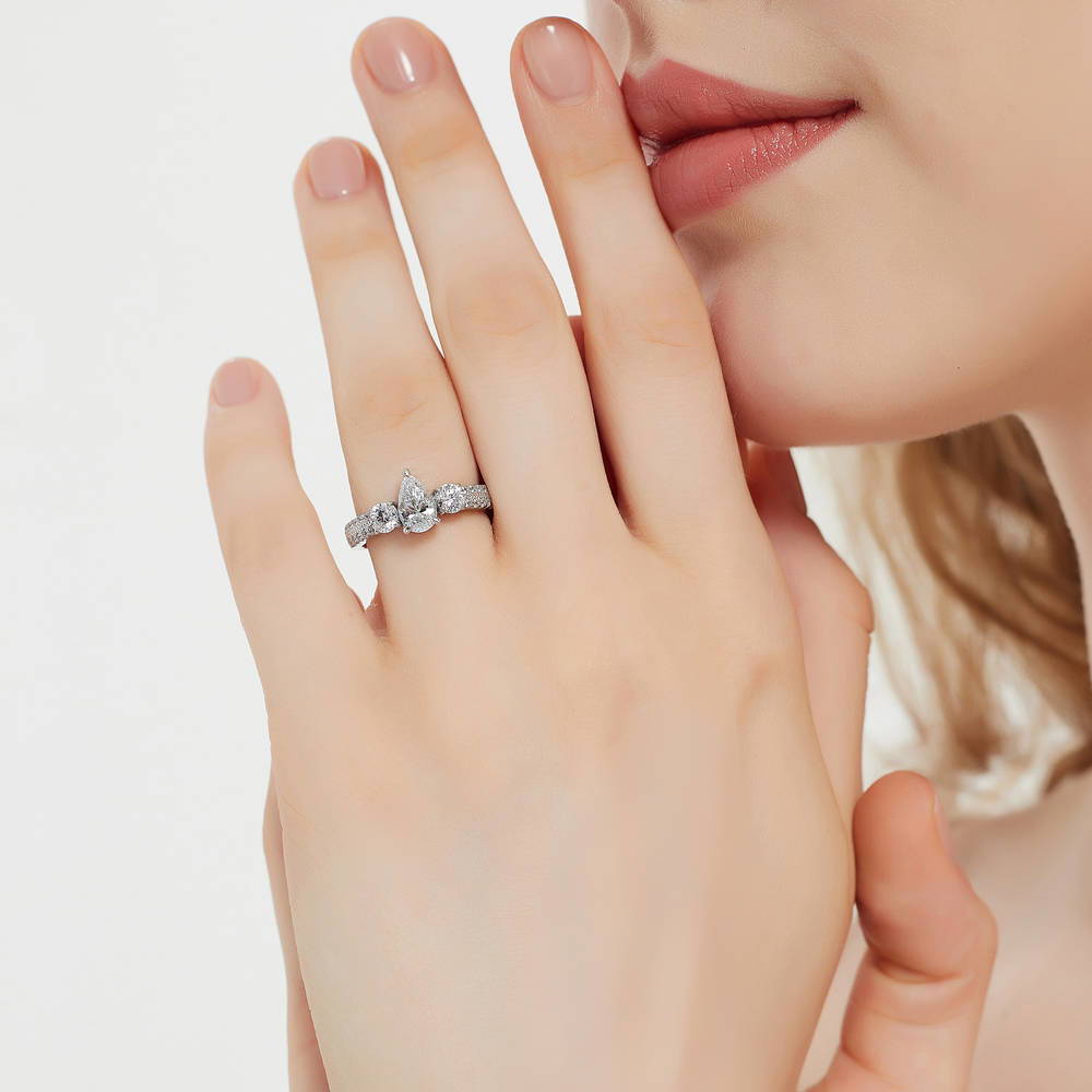 Model wearing 3-Stone Pear CZ Ring Set in Sterling Silver, 9 of 16