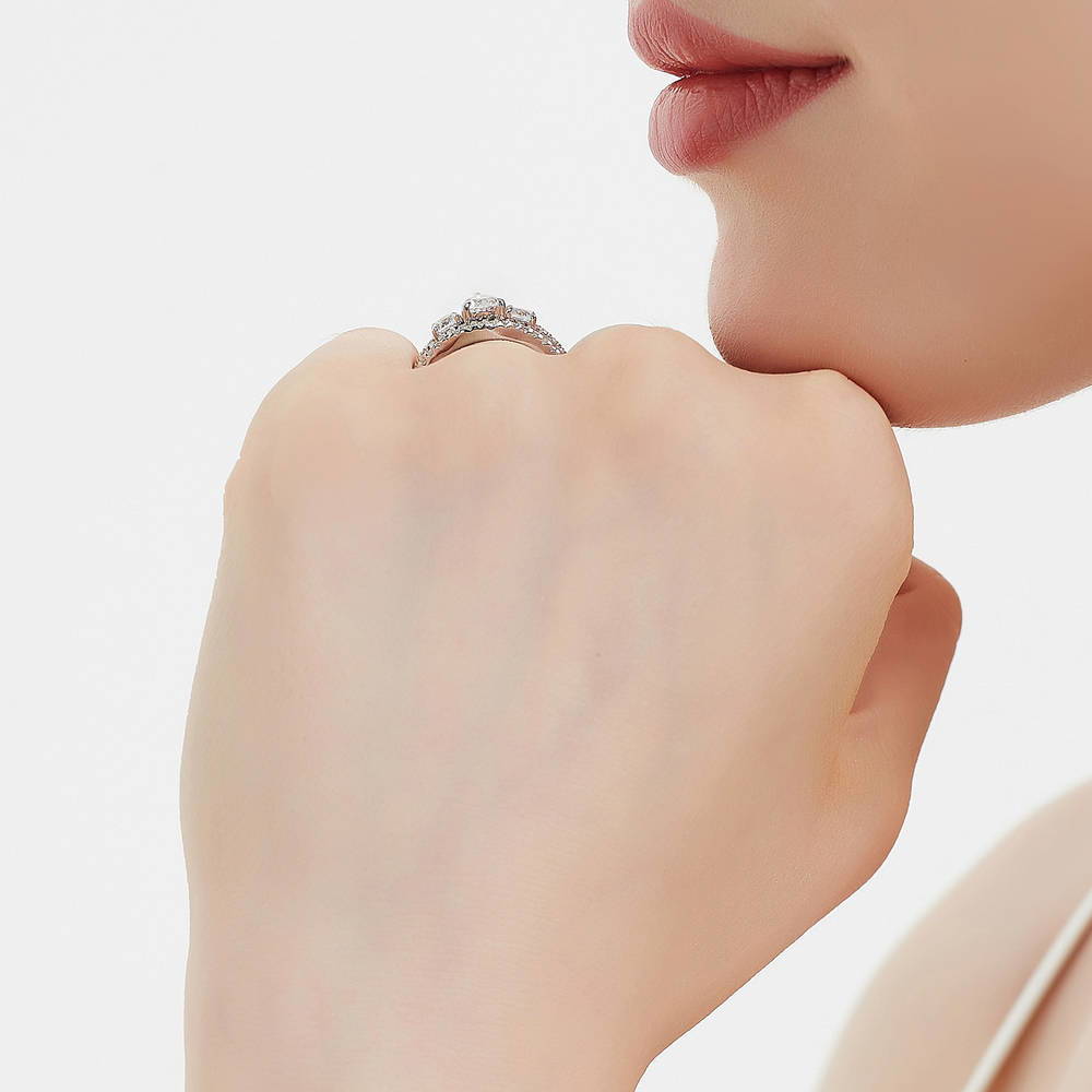 Model wearing 3-Stone 0.8ct Pear CZ Ring in Sterling Silver, 12 of 16