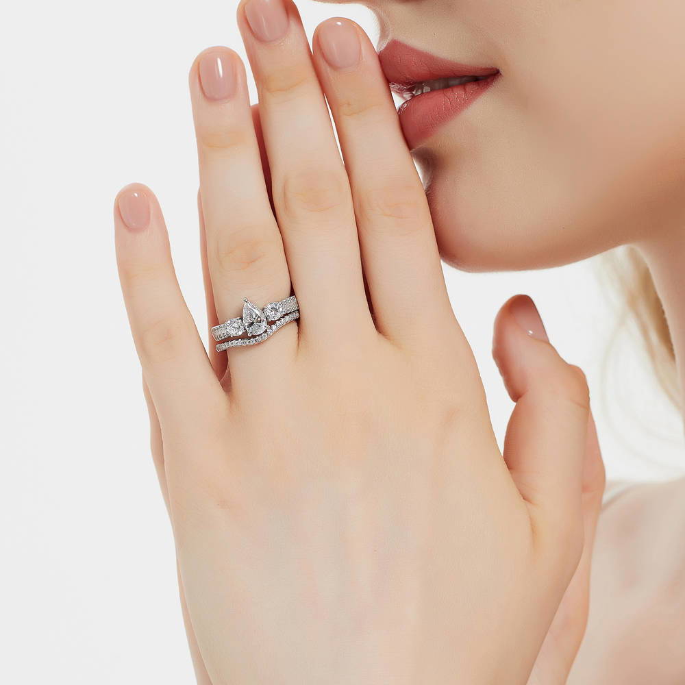 Model wearing 3-Stone Pear CZ Ring Set in Sterling Silver, 2 of 16
