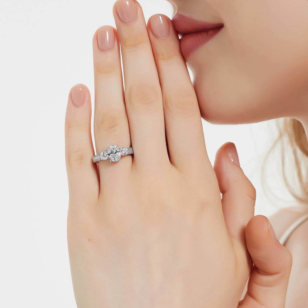 Model wearing 3-Stone Oval CZ Ring Set in Sterling Silver, 9 of 16