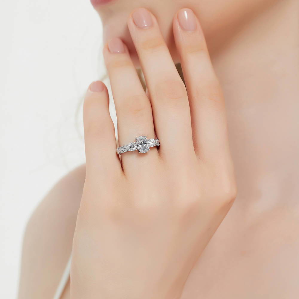 Model wearing 3-Stone Oval CZ Ring Set in Sterling Silver, 10 of 16