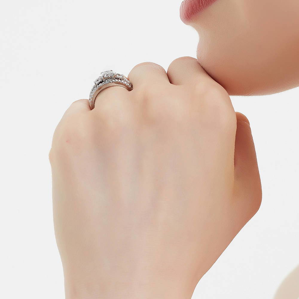 Model wearing 3-Stone Oval CZ Ring Set in Sterling Silver, 7 of 16