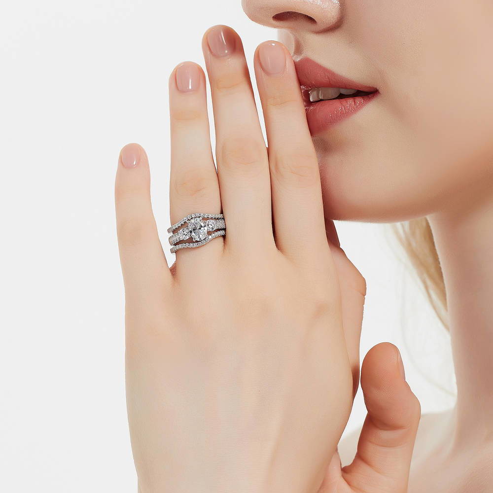 Model wearing 3-Stone Oval CZ Ring Set in Sterling Silver, 2 of 16