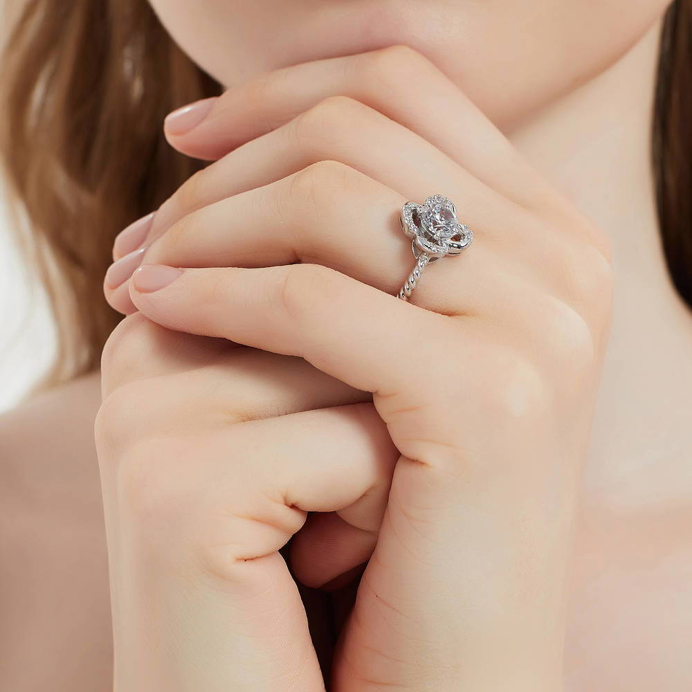 Model wearing Flower CZ Ring in Sterling Silver, 6 of 8