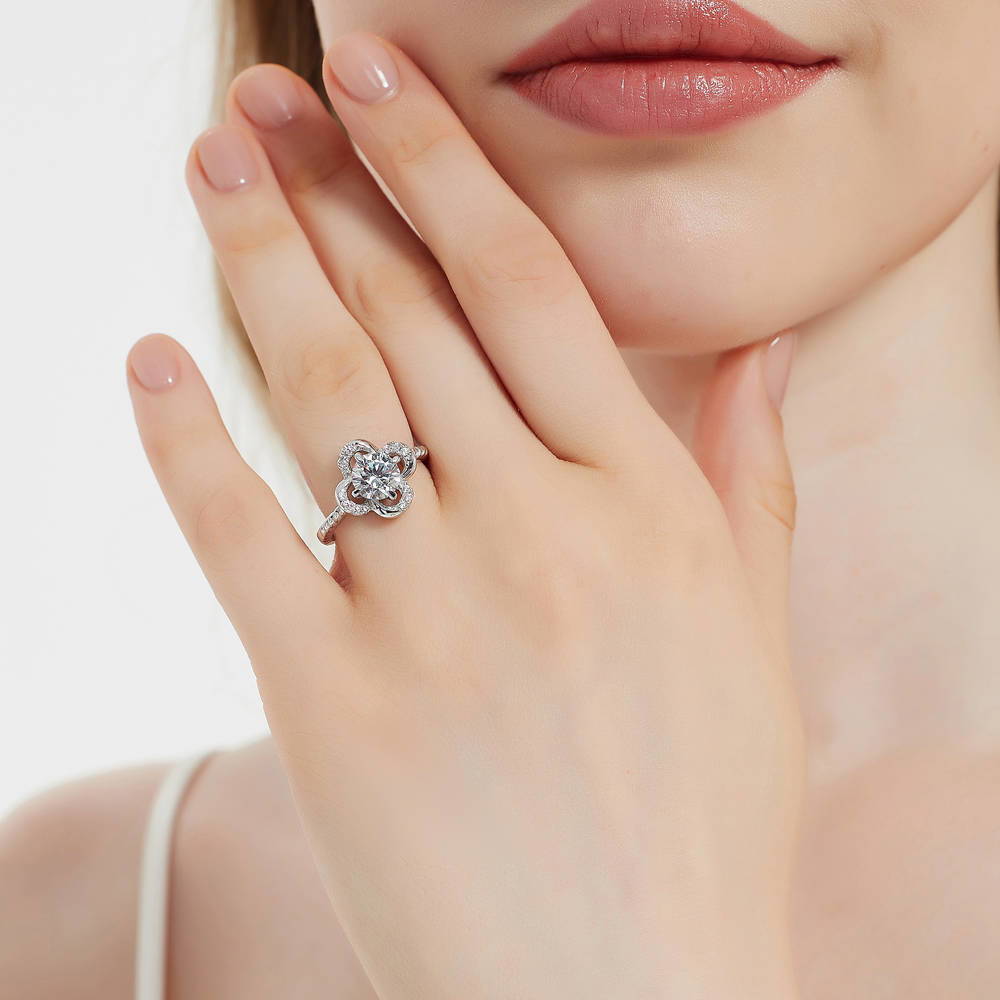 Model wearing Flower CZ Ring in Sterling Silver, 3 of 8