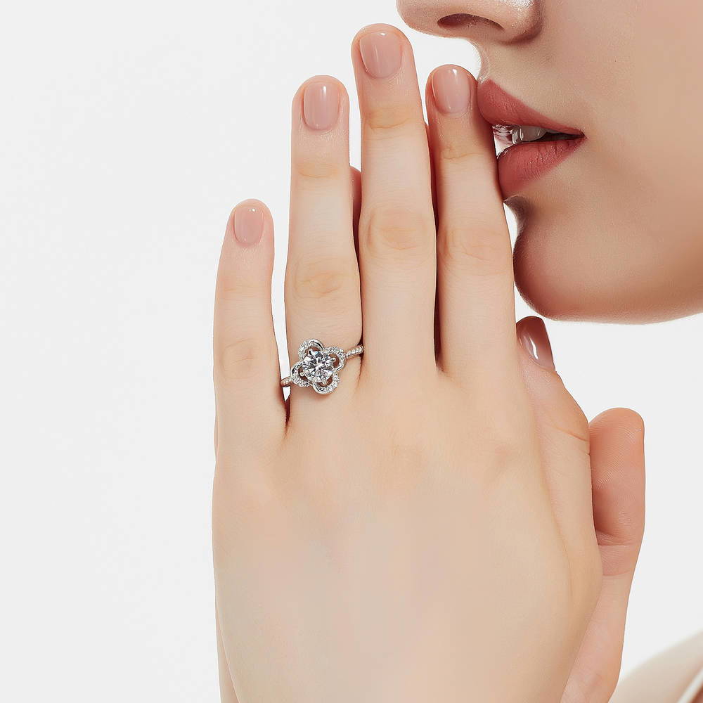 Model wearing Flower CZ Ring in Sterling Silver, 2 of 8