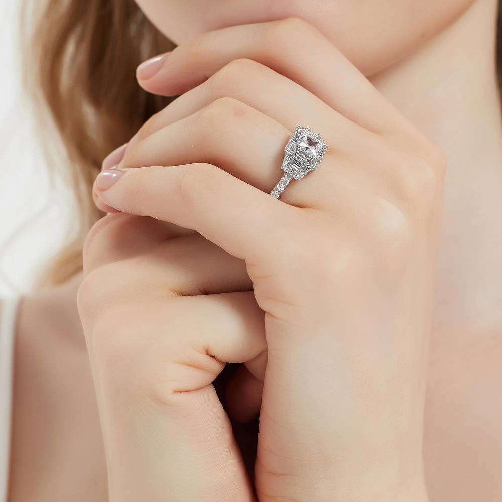 Model wearing Halo 3-Stone Art Deco 1.2ct Princess CZ Ring in Sterling Silver, 6 of 10