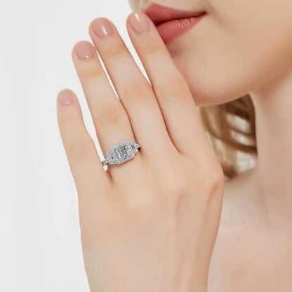 Halo 3-Stone Art Deco 1.2ct Princess CZ Ring in Sterling Silver