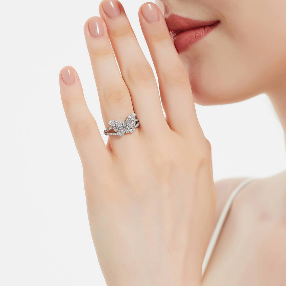 Model wearing Butterfly CZ Ring in Sterling Silver, 3 of 10